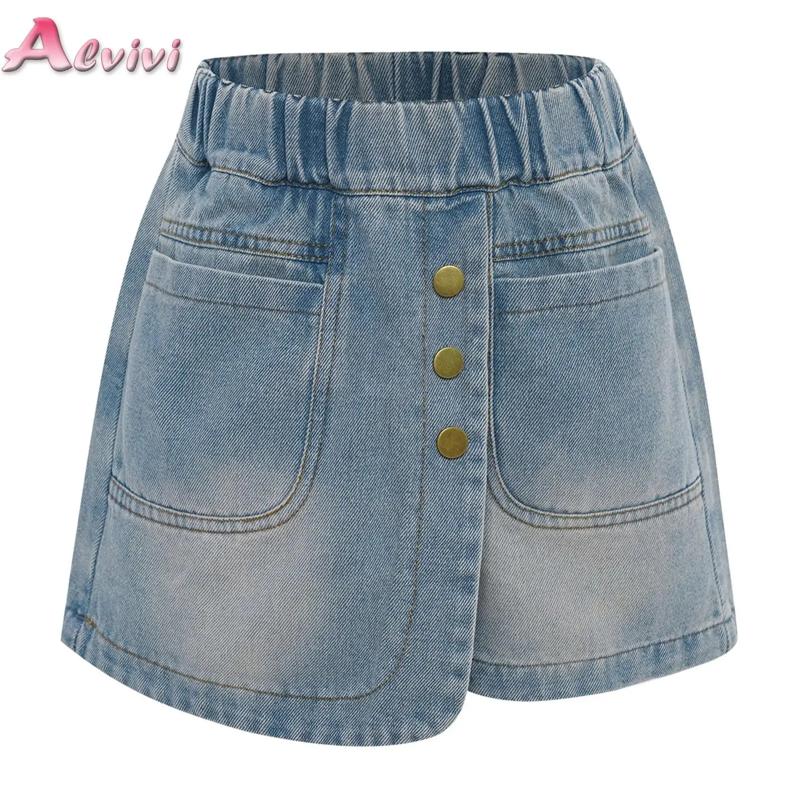 

Kids Girls Fashion Half Panel Denim Shorts Elastic Waistband Culotte with Pockets for Birthday Picnic Park Holiday Vacation