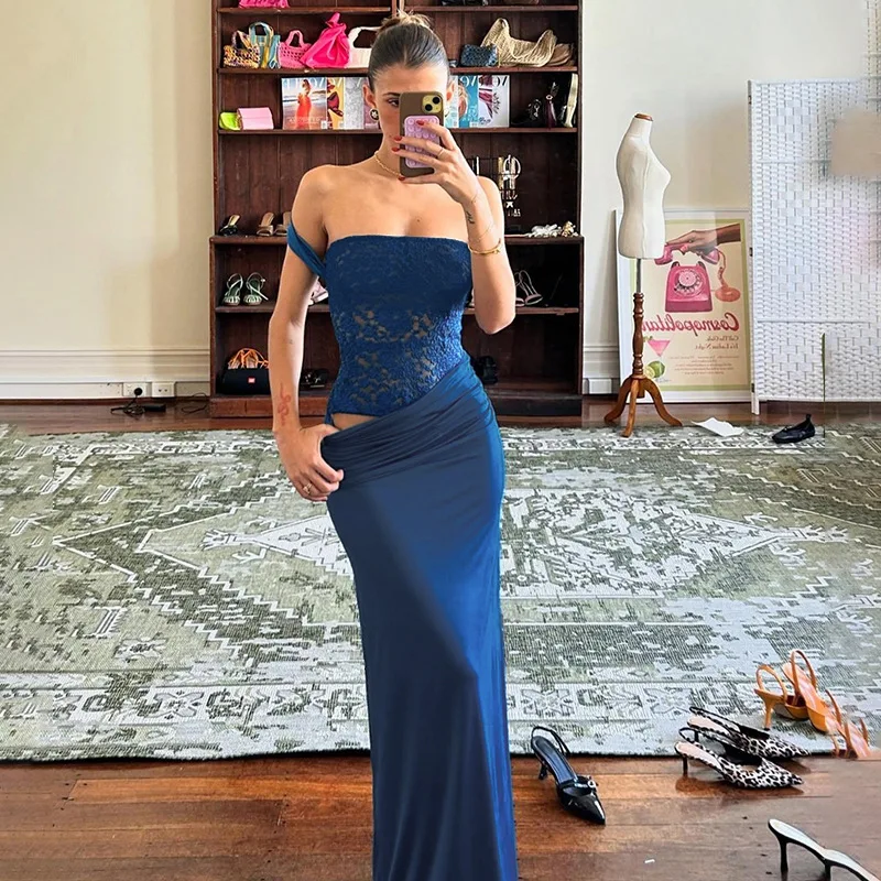 

Autumn New Long Dress With Fashionable Style And Elegant Temperament, Slim Fit Lace Patchwork Suspender Dress