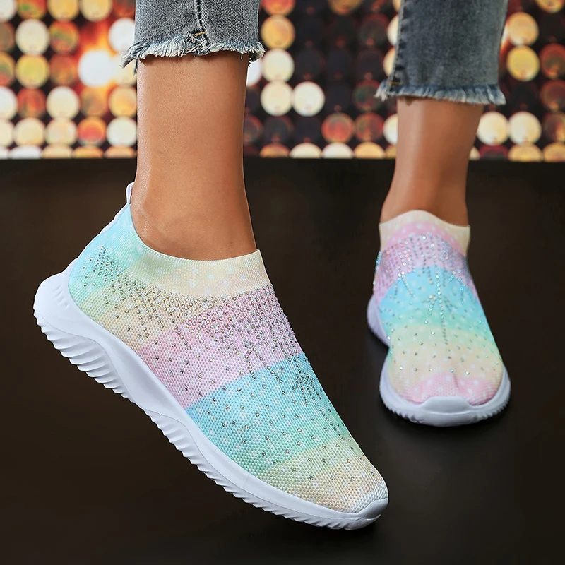 Mix Color Knitting Crystal Sneakers for Women Casual Slip On Mesh Walking Shoes Woman Soft Sole Rhinestone Dance Sock Sneakers