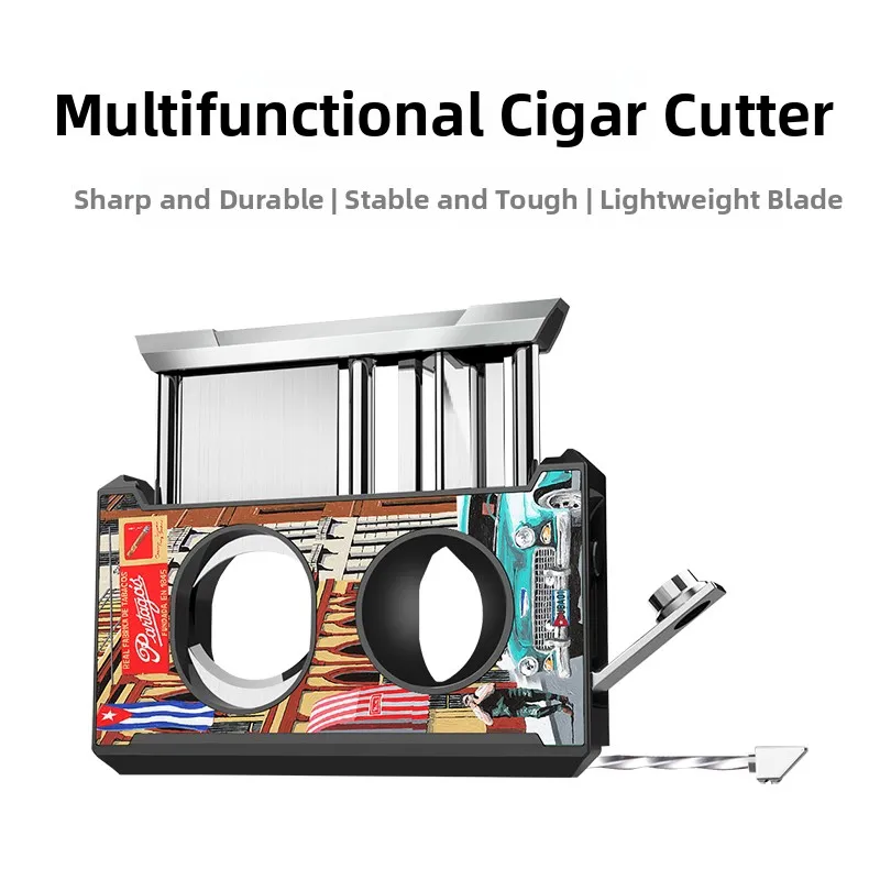 

Classic Cuban Cigar Cutter Multi-Function Flat Cut V-Notch Sharp Needle through Gift Box Four-In-One Knife