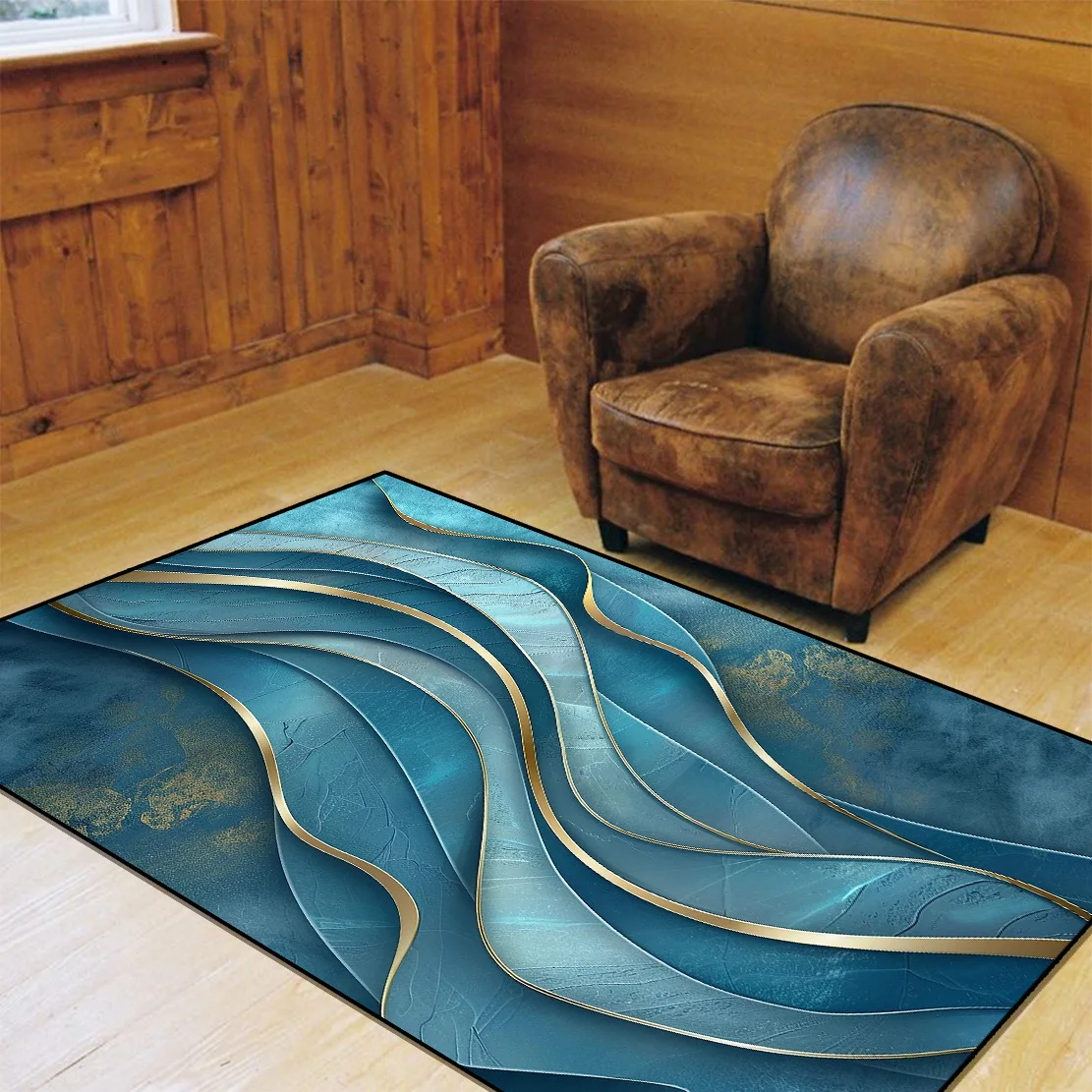 Blue Gold Marble Abstract Area Rug Modern Luxury Living Room Decorative Carpet Mat for House Home Decor Gift