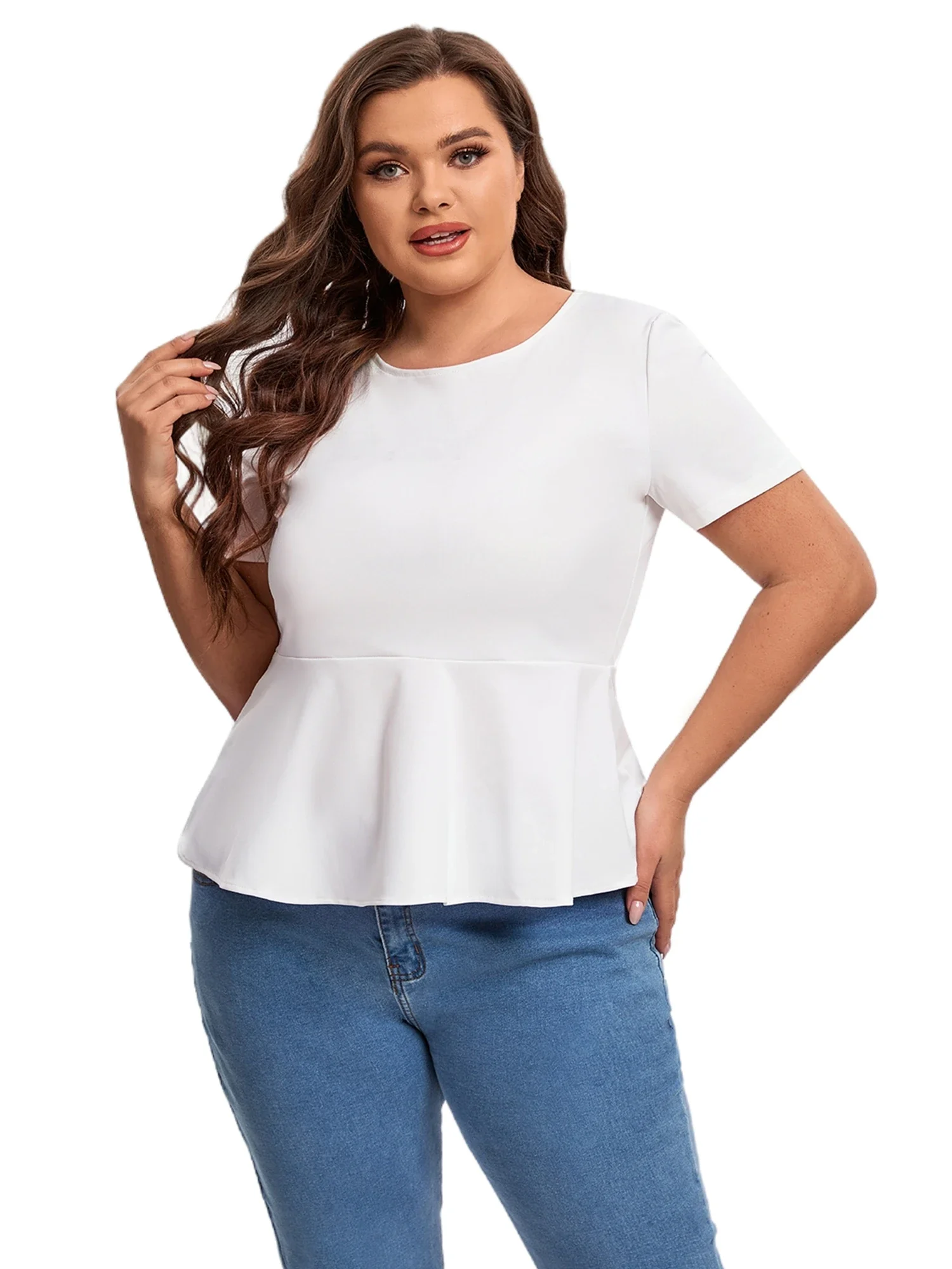 Plus Size Short Sleeve Elegant Summer Peplum Tops Women Keyhole Back Ruffle T-shirt Tee Blouse Plus Size Clothing Women 5XL 6XL