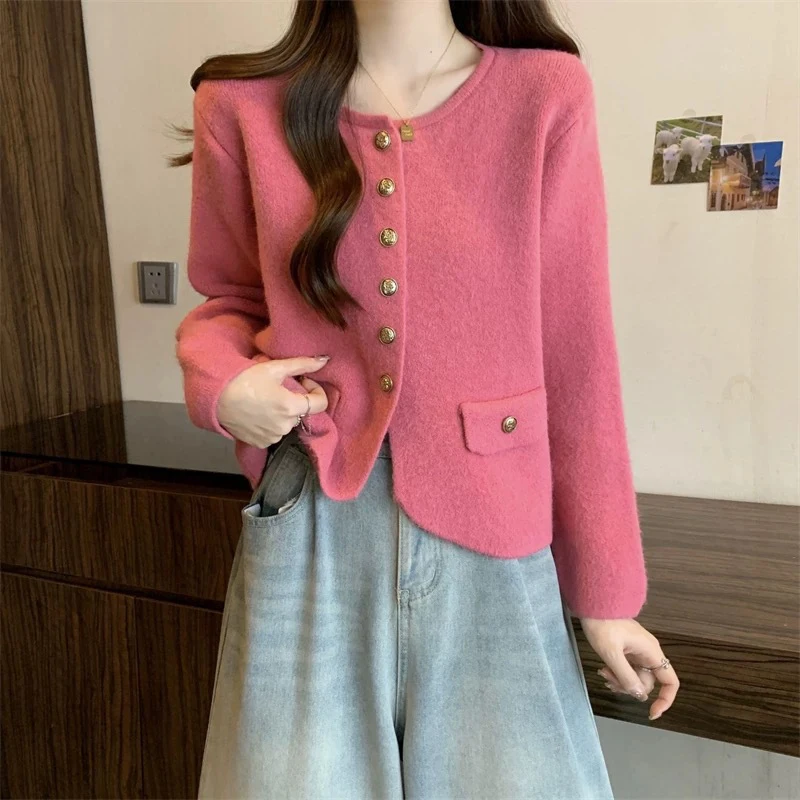 

Korean Solid Long Sleeved Sweater For Women 2024 Single Breasted Round Neck Knitted Cardigan Autumn Winter Loose Female Tops