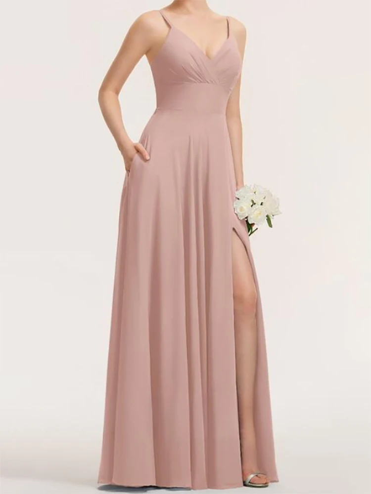 

A-line V Neck Floor-Length Chiffon Prom Gowns Formal Evening Dresses Pleated Customed