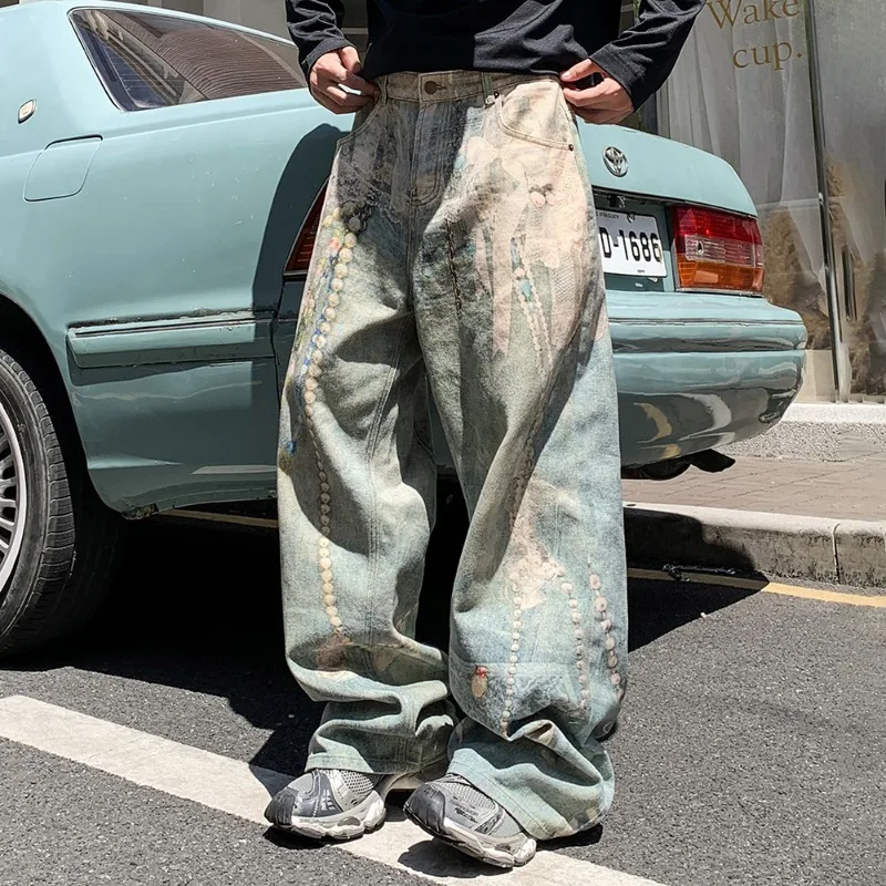 Vintage Men's Graphic Print Jeans Retro Pattern Wide Leg Baggy Fit Distressed Streetwear Casual Premium Denim Pants