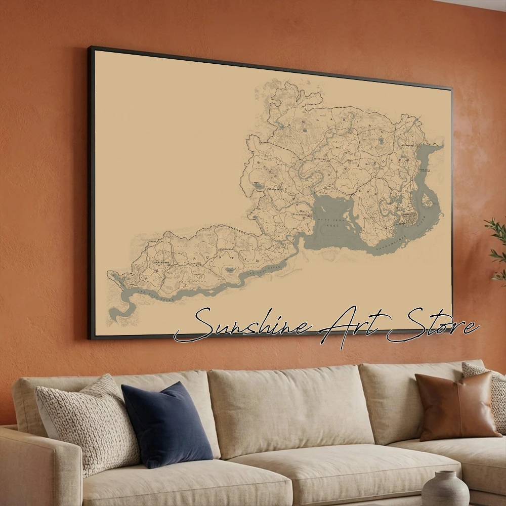 RDR 2 Videogame Map Wall Art Western Town City Gaming Poster Map of Wild West Redemption Video Game Canvas Painting Home Decor