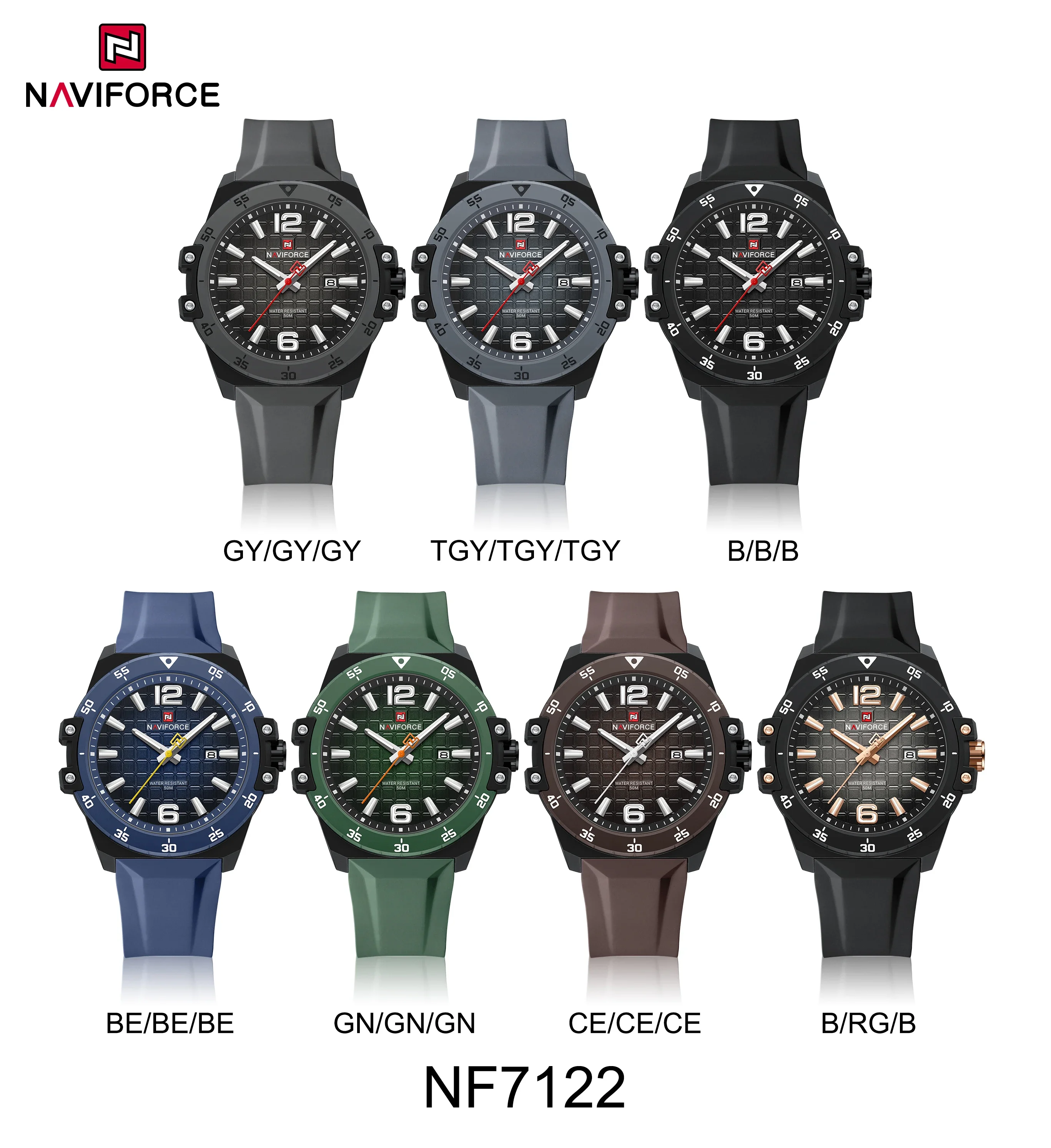 NAVIFORCE NF7122 Lässige Quarzuhren für Herren, Kalender, leuchtend, wasserdicht, Silikonarmband, Sportmode