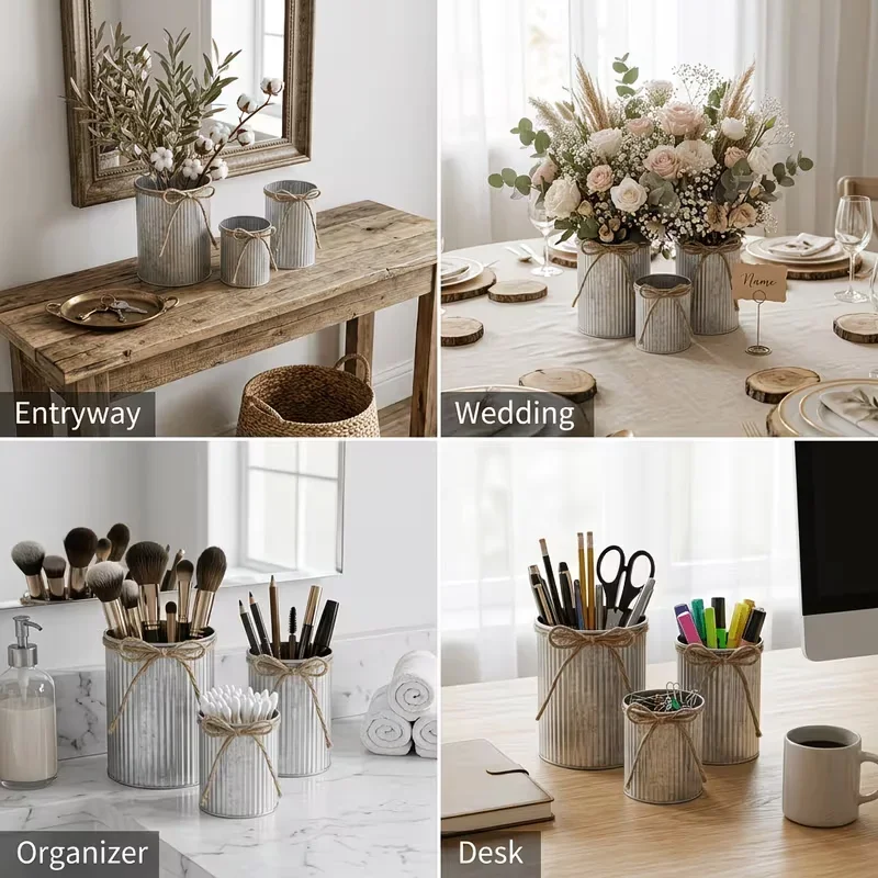 3pcs Rustic Style Metal Vases Iron Galvanized Resistant to Deformation DurableTable Centerpiece Decor  Rustic Style Decoration