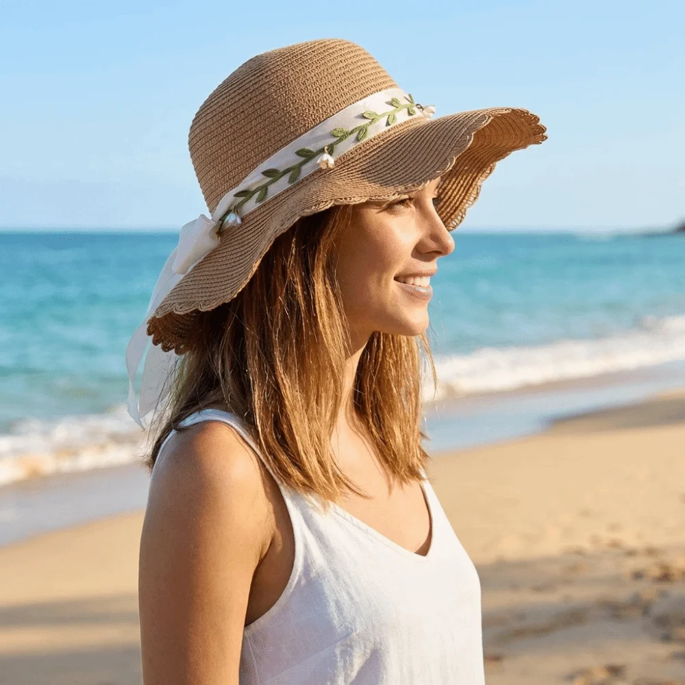 

Comfortable To Wear Colorful Bow Straw Hat Wide Brim Visor Women's Sun Hat Breathable Hollow Out Sun Protection Cap Holiday