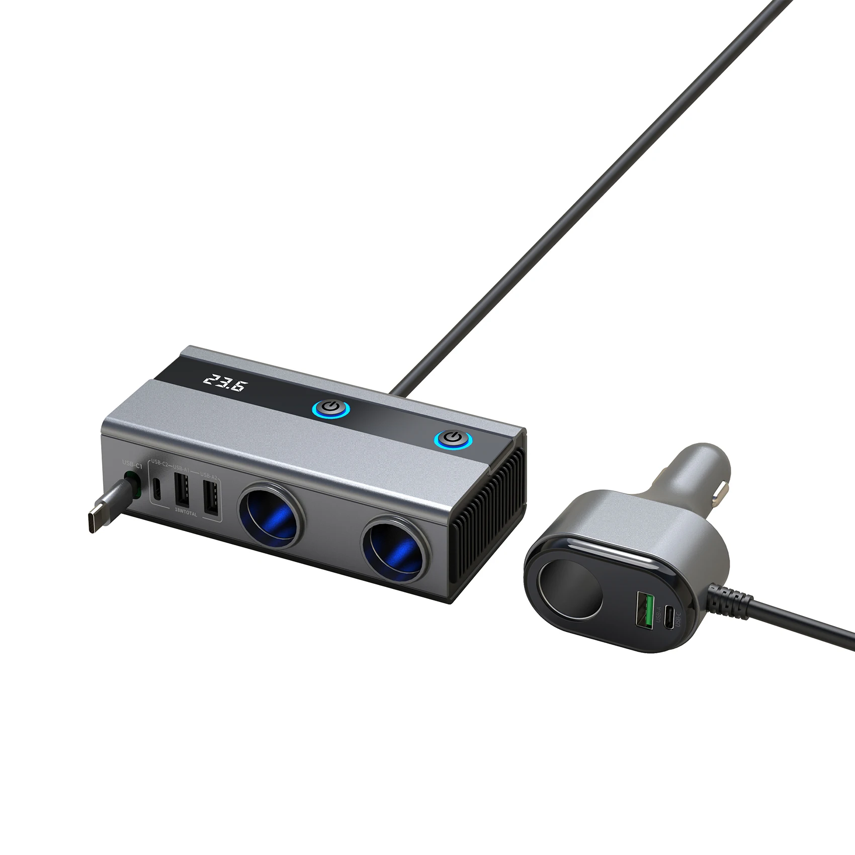 120W High Power 9-in-1 Car Cigarette Lighter Charger with Retractable Cable PD Fast Charging Switch Vehicle Power Outlet Adapter