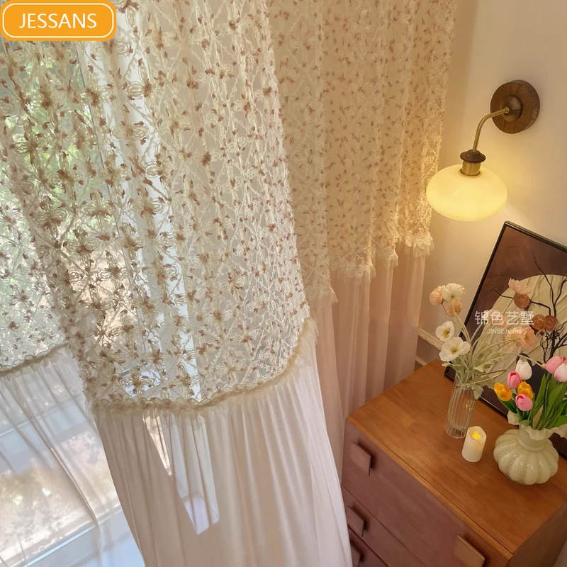 

Romantic Heavy Industry Skirt Screen Apricot Pink Embroidered Window Screen Curtains for Living Room Bedroom French Balcony