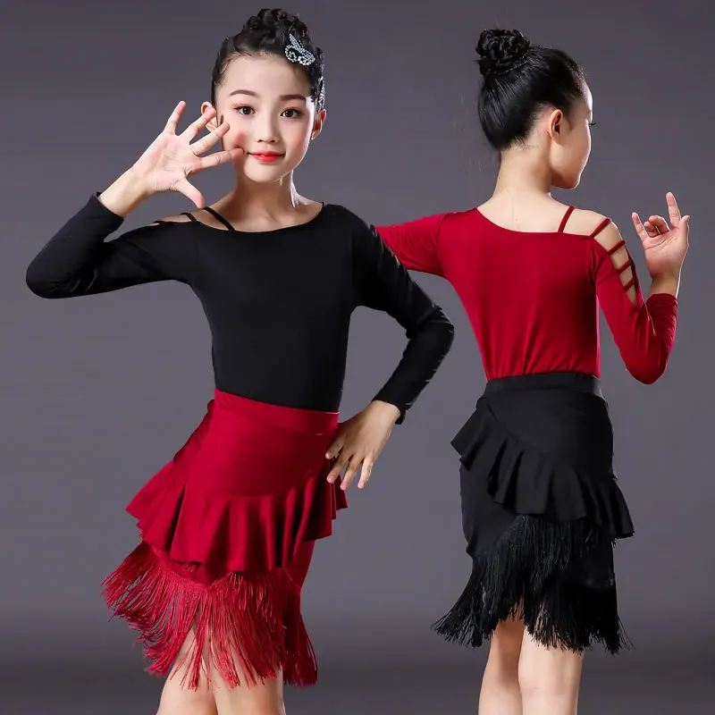 Vestido latino com lantejoulas com franjas para crianças, performance de palco, vestido de competição para meninas