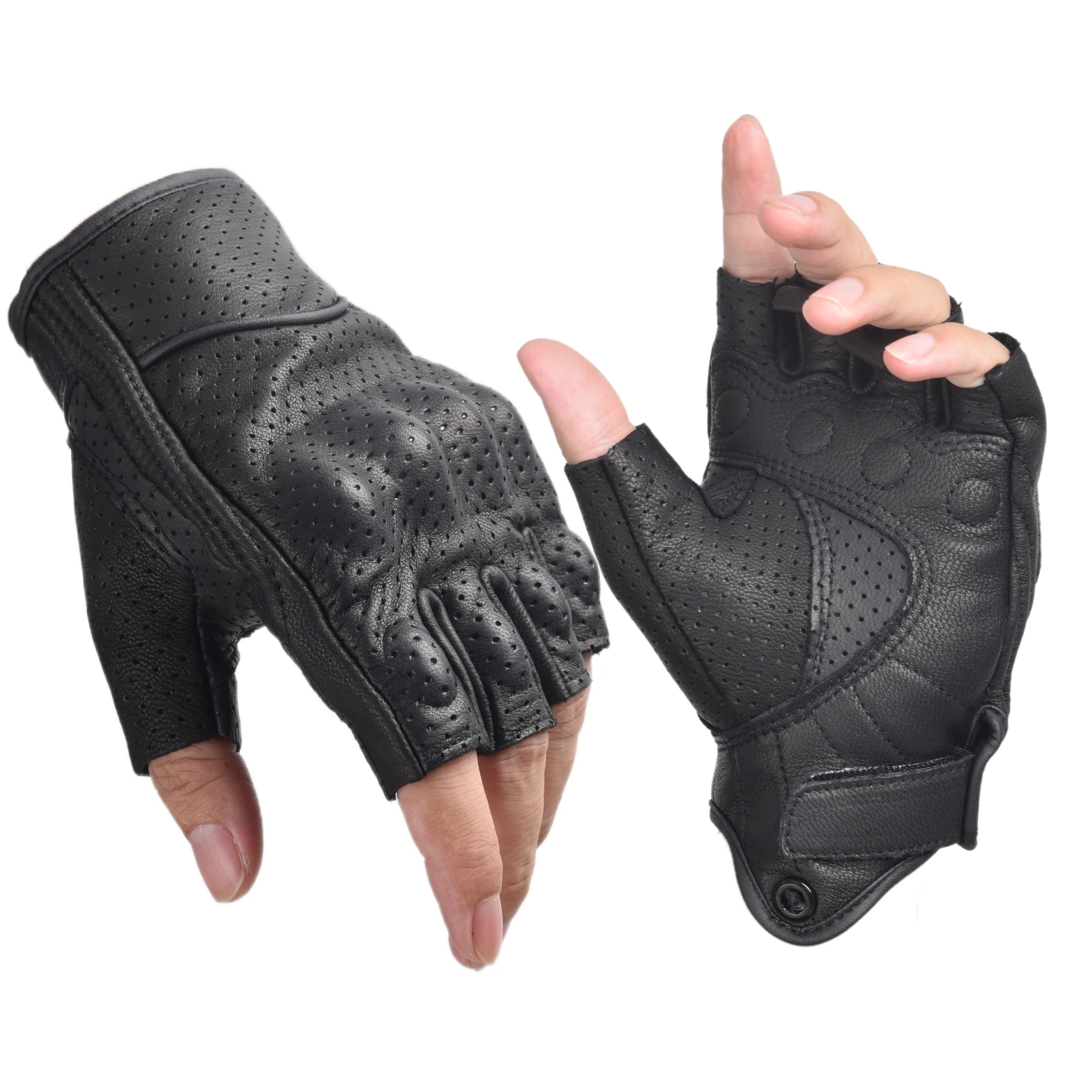

Motorcycle Gloves Perforated Genuine Leather Motor Riding Gloves Half Finger for Men Women Fingerless Summer Gloves Black