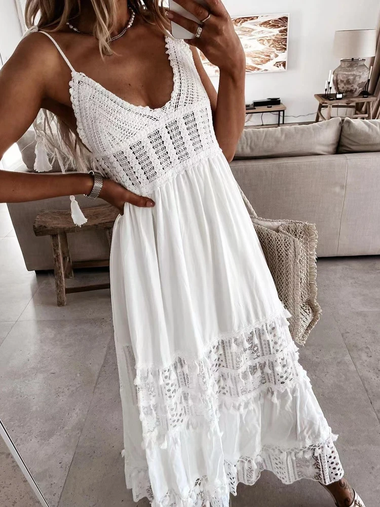 Sexy Long Dresses for Woman Summer Beach Style Fashion Boho Dress Strap V Neck Lace Backless Sundress Ladies White Maxi Dress