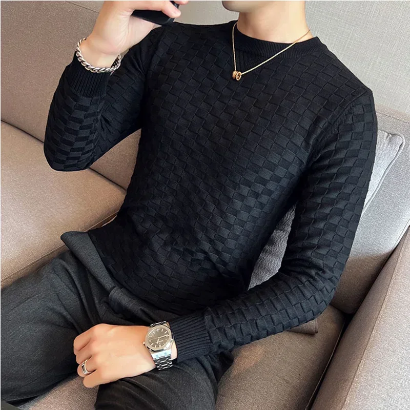 Autumn Winter Stretch Jacquard Woven O-Neck Sweater Men\'s Waffle Slim Fit Long Sleeve Knitted Pullovers Casual Streetwear Homme