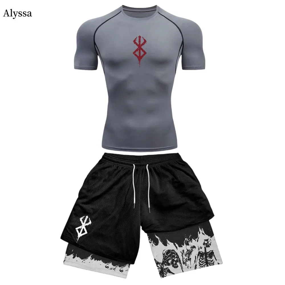 Anime Berserk Compression Set Fitness Suit for Men Quick Dry Compression Shirt+Gym Shorts Running Workout Summer Sportswear