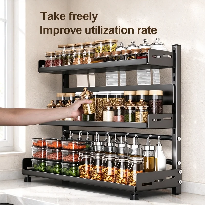 Adjustable 3-Tier Black Metal Spice Rack, Multi-level Seasoning Bottle Storage Organizer for Kitchen Countertops and Cabinets