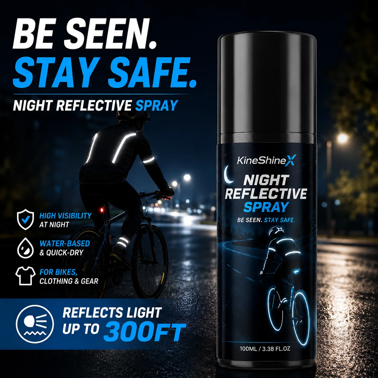 Night Reflective Spray High Visibility Safety Paint for Bikes Clothing Gear Quick Dry Water-Based Night Cycling Accessories
