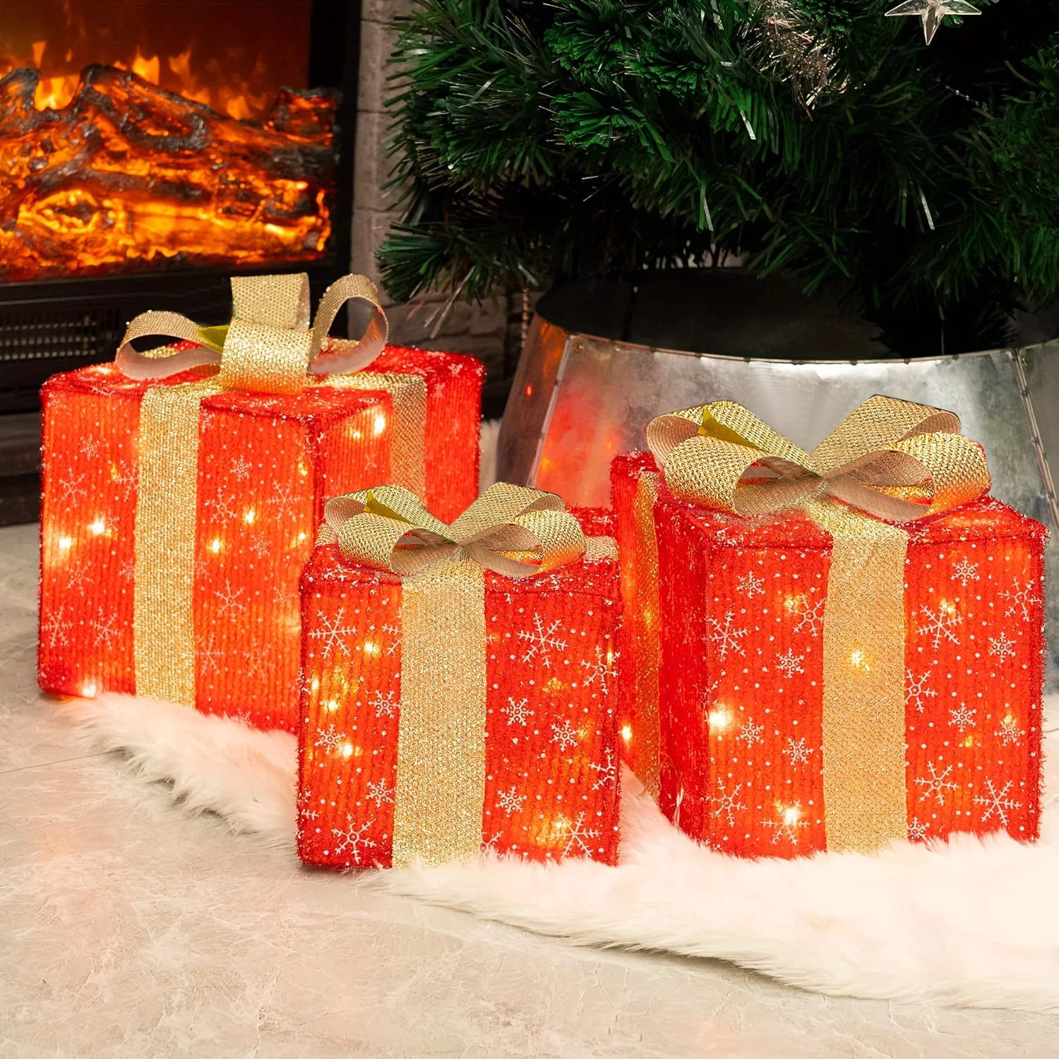 3PCS Christmas Light Up Gift Box with Bow LED Gift Box Christmas Decoration for Indoor and Outdoor Festive Decoration