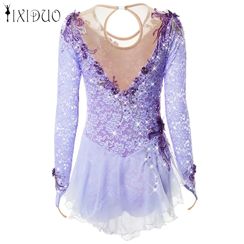 Rhinestone Ballet Gymnastics Leotard Dress Kids Girls Long Sleeve Mesh Splice Figure Ice Skating Dress Performance Dance Costume