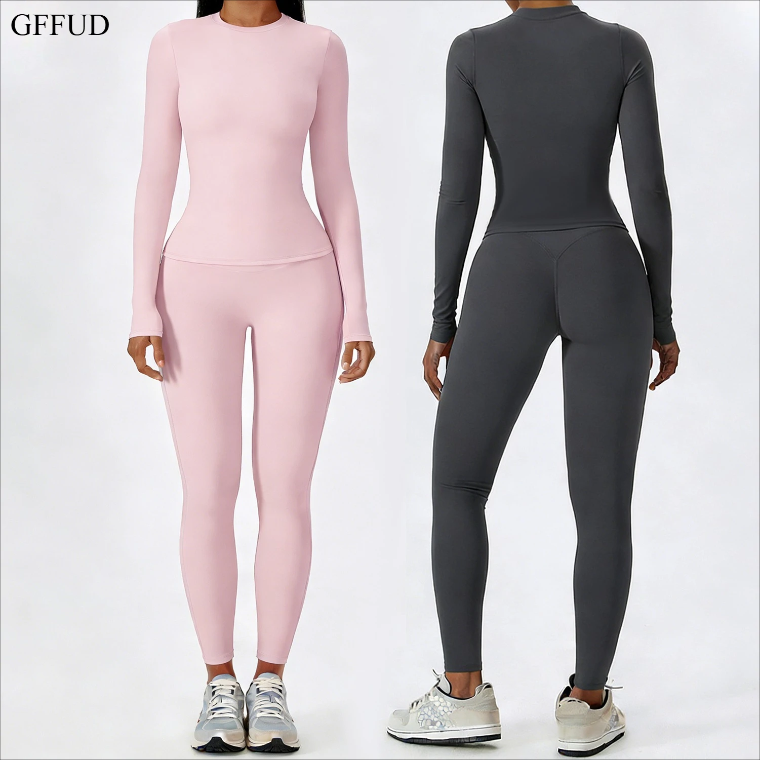 Women Yoga Set 2 Piece Long Sleeve Naked Feeling Slim Fit Athletic Top High Waist Compression Leggings Gym Activewear