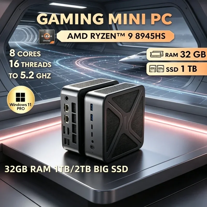 Space Saving GH8 Mini Gaming PC AMD R9 8945HS Win11 Pro 2DDR5 WiFi6 BT5.2 8K HDMI2.1 Dual M.2 Desktop
