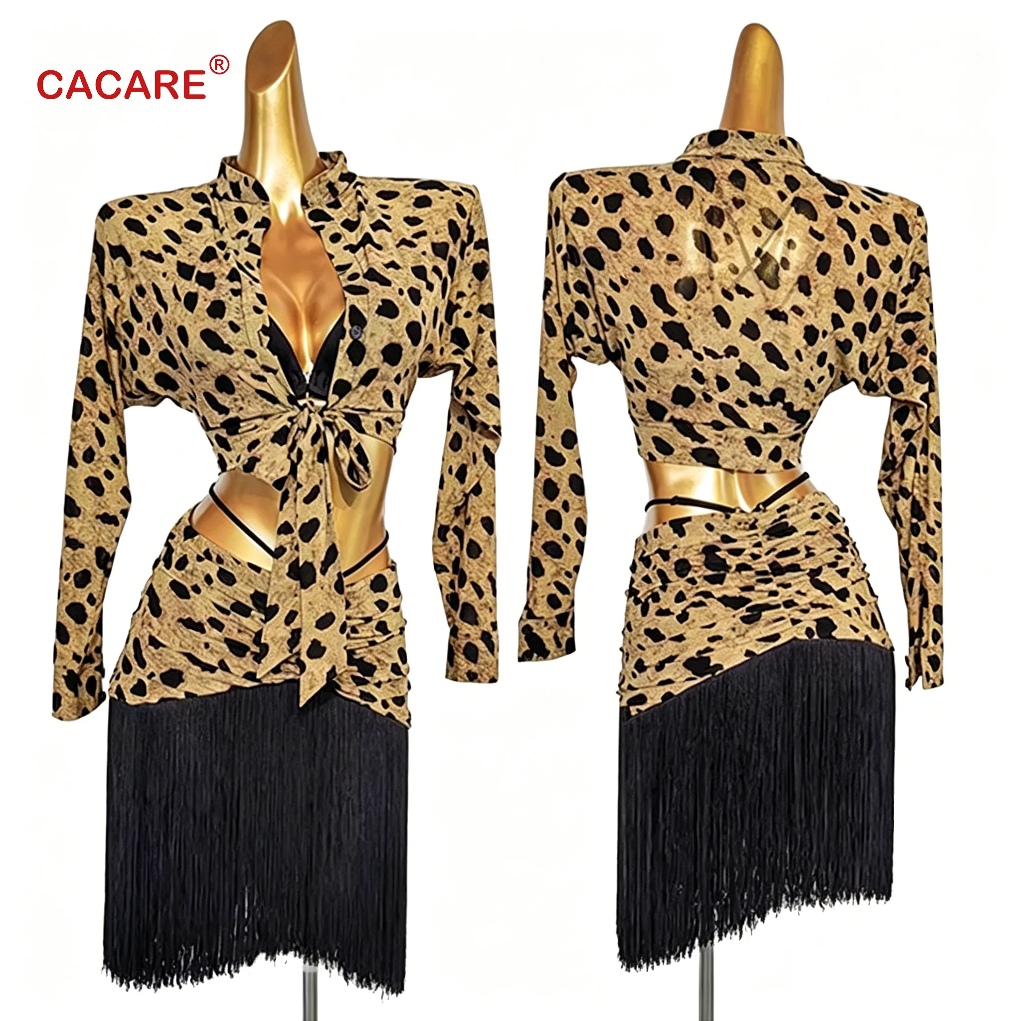 

Leopard Print Latin Dance Set 2-Piece Long Sleeve Crop Top + Tassel Skirt for Women Salsa Cha Cha Samba Practice & Performance