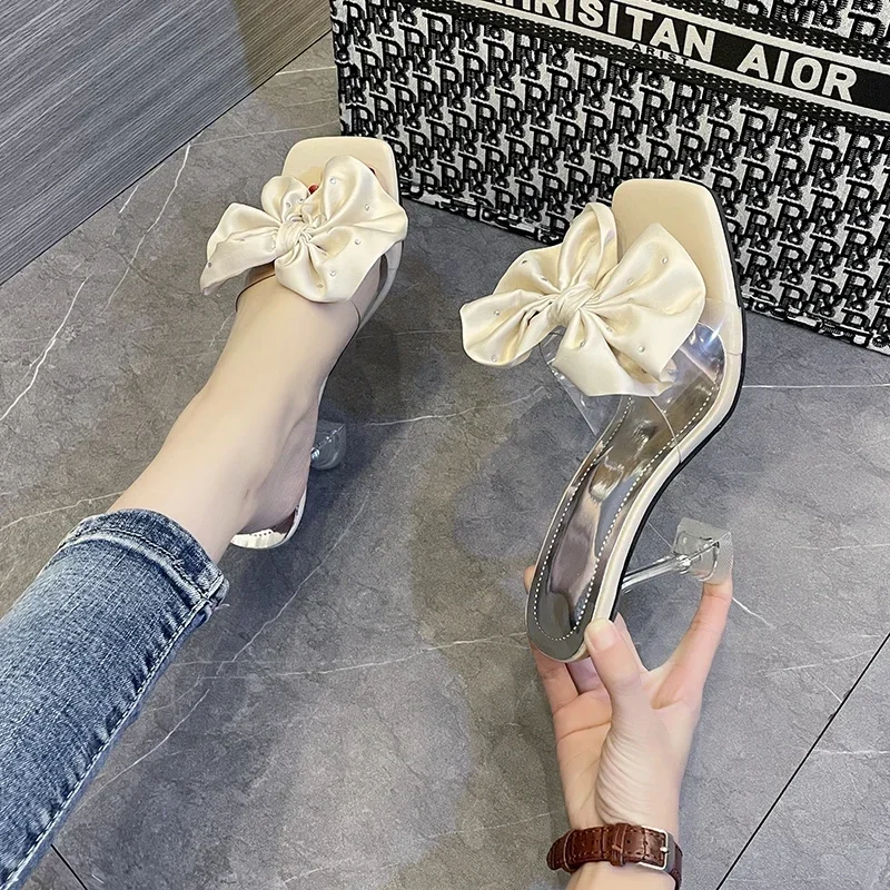 

Women's PVC High Heels Bow Sandals 2024 Spring New Fashion Transparent Sexy Ladies Party High Heels Slingback Slippers Zapatos