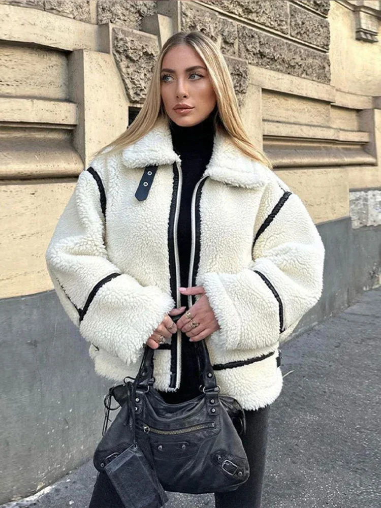 Chaqueta de felpa con cremallera para mujer, abrigo de motocicleta de manga larga con solapa de retazos sólidos, ropa de calle de moda, Otoño e Invierno