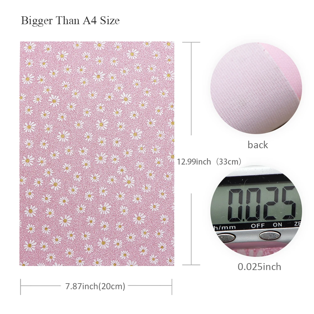 1Pc 7.87x12.99inch  Fine Glitter Leather Sheets Daisy flower Printed Luminous effect Synthetic Leather Fabric