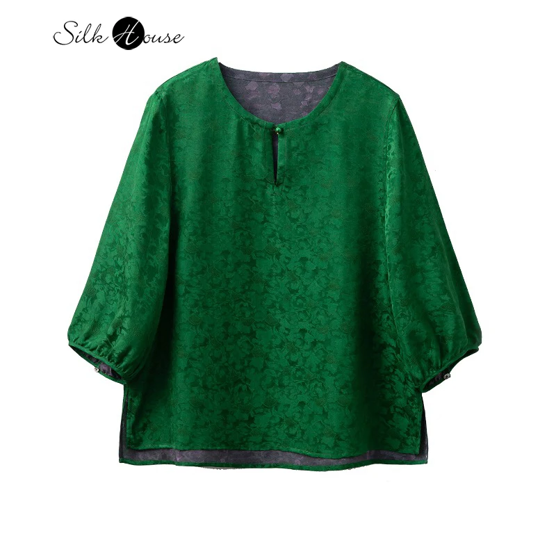 

100% натуральный шелк тутового шелка, жаккардовый атлас, зеленая, фиолетовая футболка, шелковый топ с круглым вырезом и рукавами семь четвертей, женский топ в китайском стиле