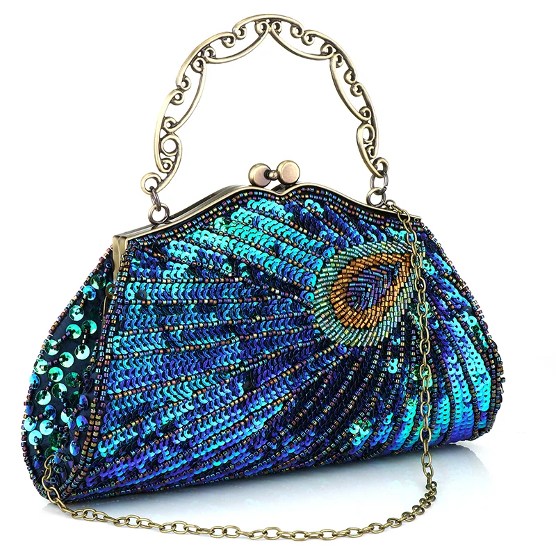 Women\'S Clutches Evening Bags with Handle Peacock Pattern Sequins Beaded Bridal Handbags Luxury Lady Shoulder Messenger Purse