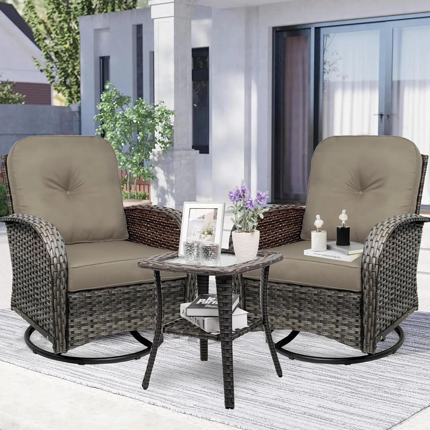 3-Piece Swivel Rocker Wicker Chair Set of 2 ，360-Degree Rocking Chairs Outdoor with Cushions，Glass Table for Garden, Backyard