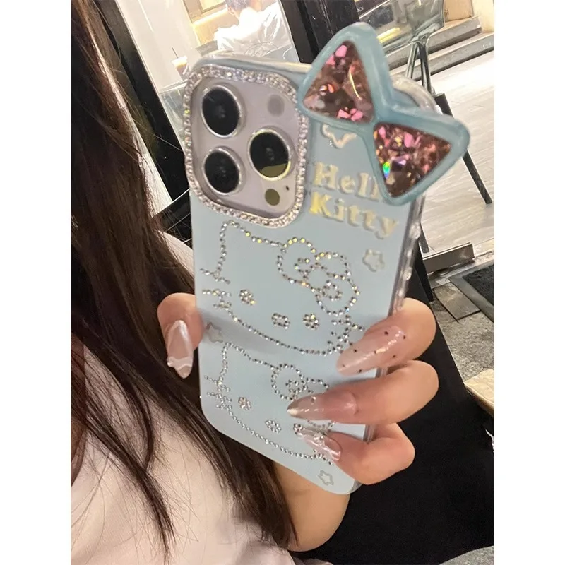 Sanrio Cartoon Dot Diamond Bow KT Cat IPhone 14/13 Suitable For 12 Apple 16/15 PROMAX Mobile Phone Case Anti-fall