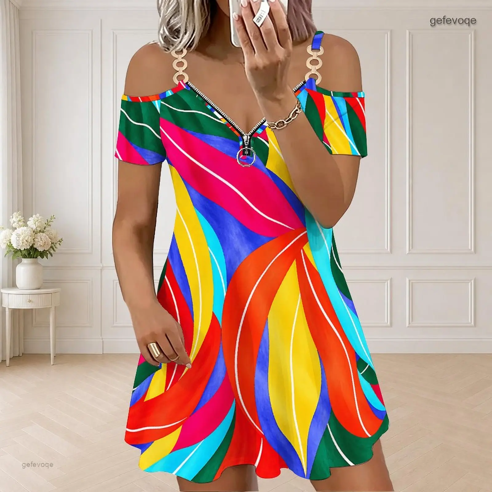 Women Multicolor Abstract Swirl Printed Cold Shoulder Short Sleeve Chain Strap Zip V Neck Flared Dress