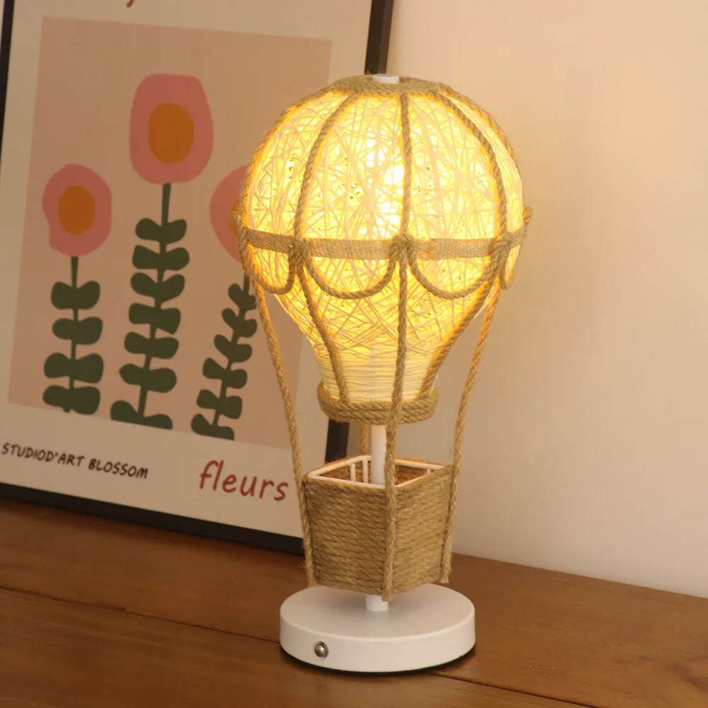 Creative Rattan Lampshade Hemp Rope Hot Air Balloon Handmade Kids Night Light Birthday Gift Ambient Decor Lamp