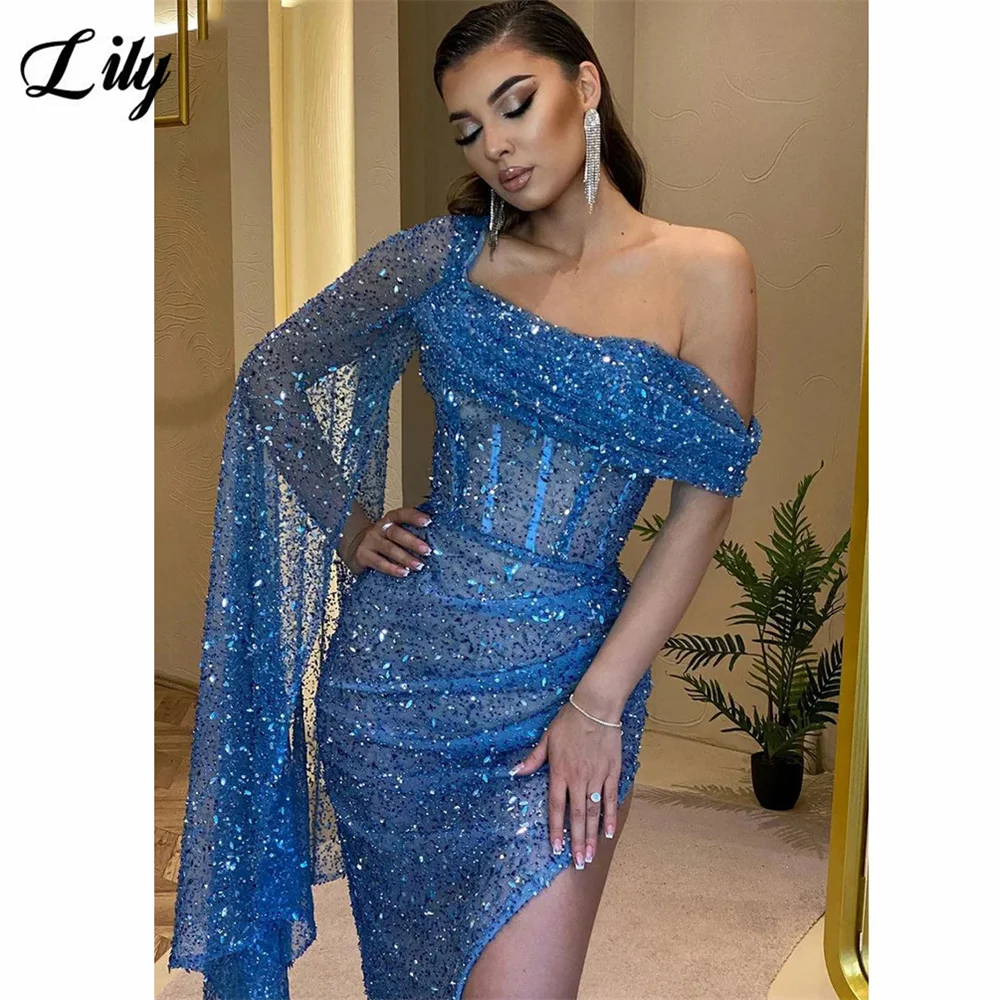 Lily Blue Prom Dresses Cape Sleeve Party Dress 2024 Shiny Off Shoulder Evening Dresses Sexy Side High Split Beading فستان سهرة