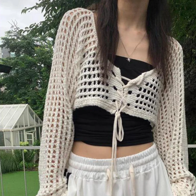 Summer Fashion Lace-up V-neck Long Sleeve Hollow Knitted Cardigan Women\'s Crop Top