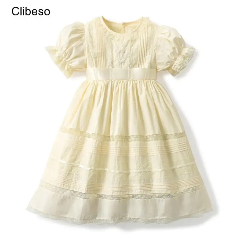 Kids Girls Spanish Bubble Sleeves Dress Summer Baby Girls Flower Embroidery Dressess Children Boutique Costume For Birthday