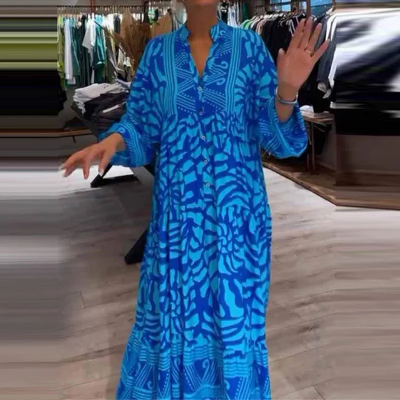Fashion Long Sleeved High Waist Dresses Elegant V Neck Floral Print Party Dress 2025 New Casual Boho Pleated Maxi Dress Vestidos