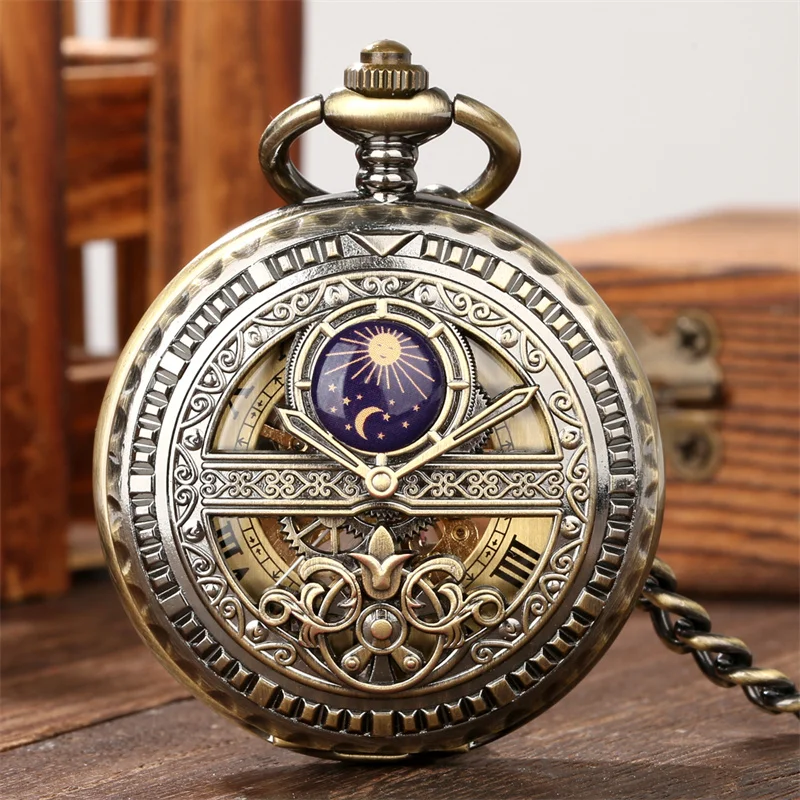 Ancient Classical Watches Unisex Mechanical Hand Winding Pocket Watch Roman Number Skeleton Timepiece Fob Chain Collectable Gift