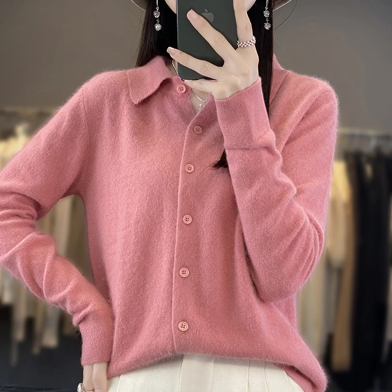 100% Mink Cashmere POLO Collar Women\'s Sweater Cardigan Solid Color Thick warm Cardigan Sweater For Women 2023 Autumn/Winter New