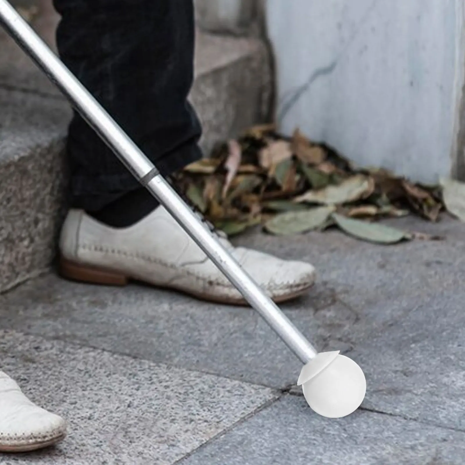 

White Hook Style Rolling Cane Tip Blind Assistive Device Spherical Rotating Head Improves Safety Stability on Multiple Terrains