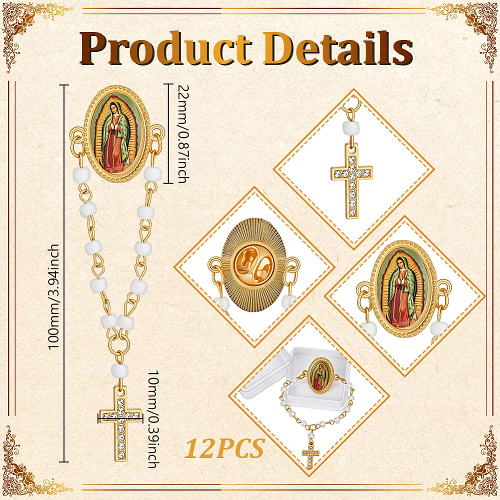 12 Pack Gold Rosary Lapel Pin 3.94 Inch Baptism Favors Keychain Baptism Gifts for Guests Party Funeral Church Event Ceremony