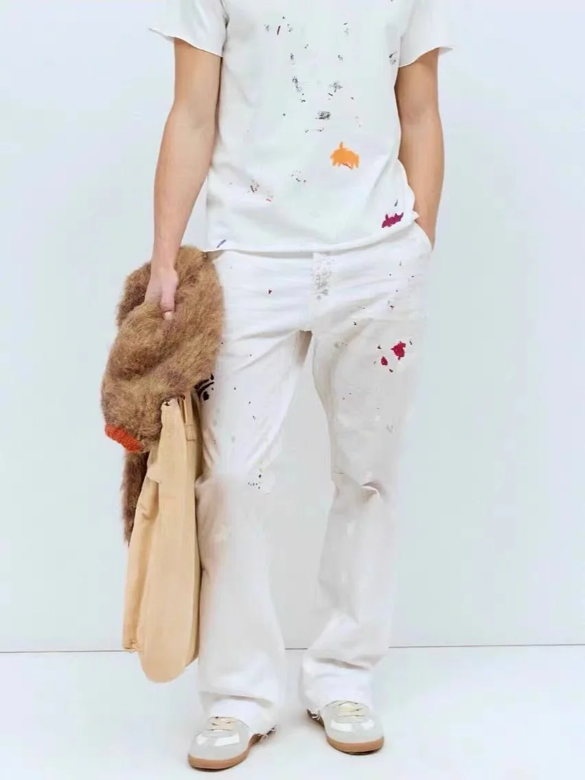 

Новые мужские джинсы с ручной росписью и грязевой краской, лоскутные мужские джинсы с микро-клеш, свободная уличная одежда