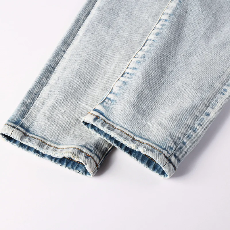 Y2k Fashion New Men's High Quality Jeans Washed Nostalgic Perforated Light Blue Jeans High Street Designer Hip Hop Brand Pants H