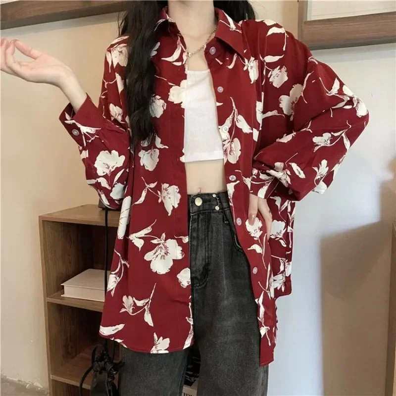 DAYIFUN Red Printed Floral Female's Shirts Single Breasted Women's Long Sleeved Shirt Loose Turn-down Collar Vitange Blouses