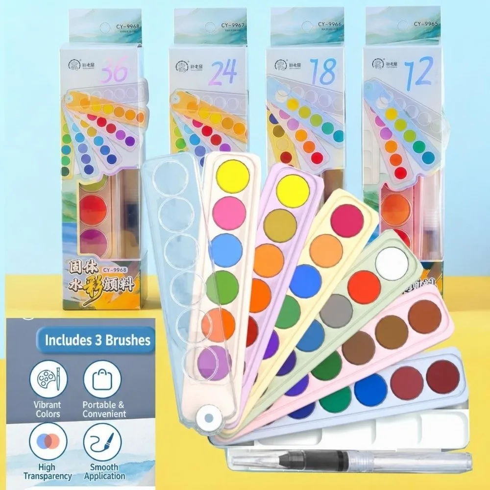 Foldable Solid Watercolor Set Fan Shape with Water Brush Watercolor Pigment 12/18/24/36 Colors Fan Watercolor Paint Painting
