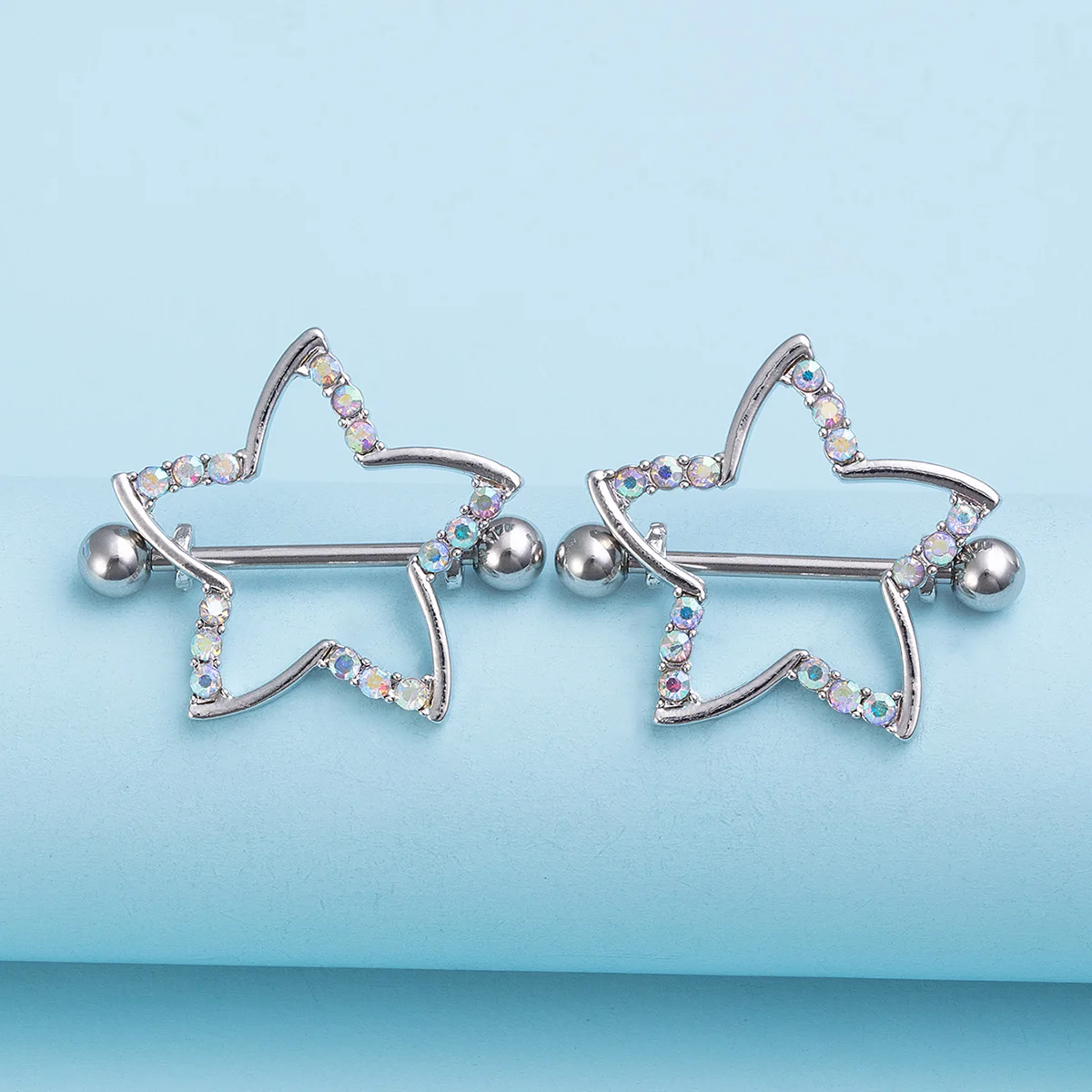 2pcs Nipple Ring Barbell Rhinestone Paved Star Shape Nipplerings Piercing Stainless Steel 14G Nipple Rings Shields Body Piercing