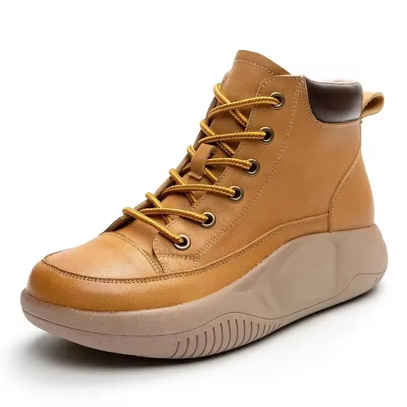 

GKTINOO Thick Sole Platform Ankle Boots For Women Autumn Winter Warm Fur Short Boots Genuine Leather Lace-Up Casual Boots Lady